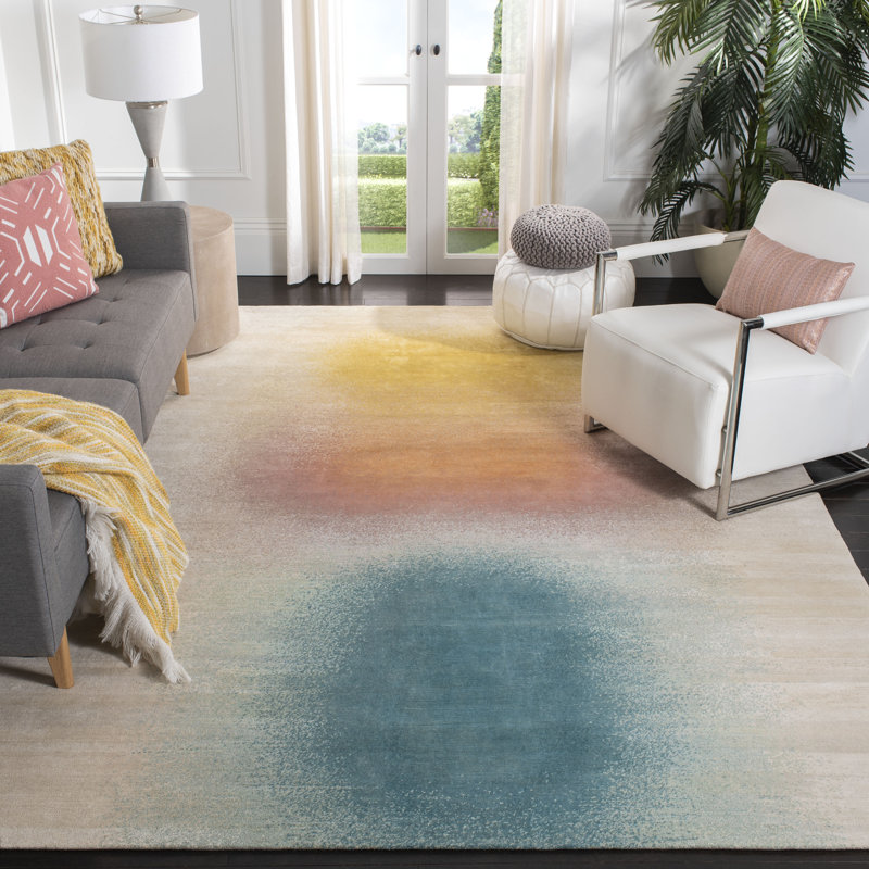 Tapis tibétain en laine / soie / coton noué à la main beige / doré, Rectangle 9 pi x 12 pi