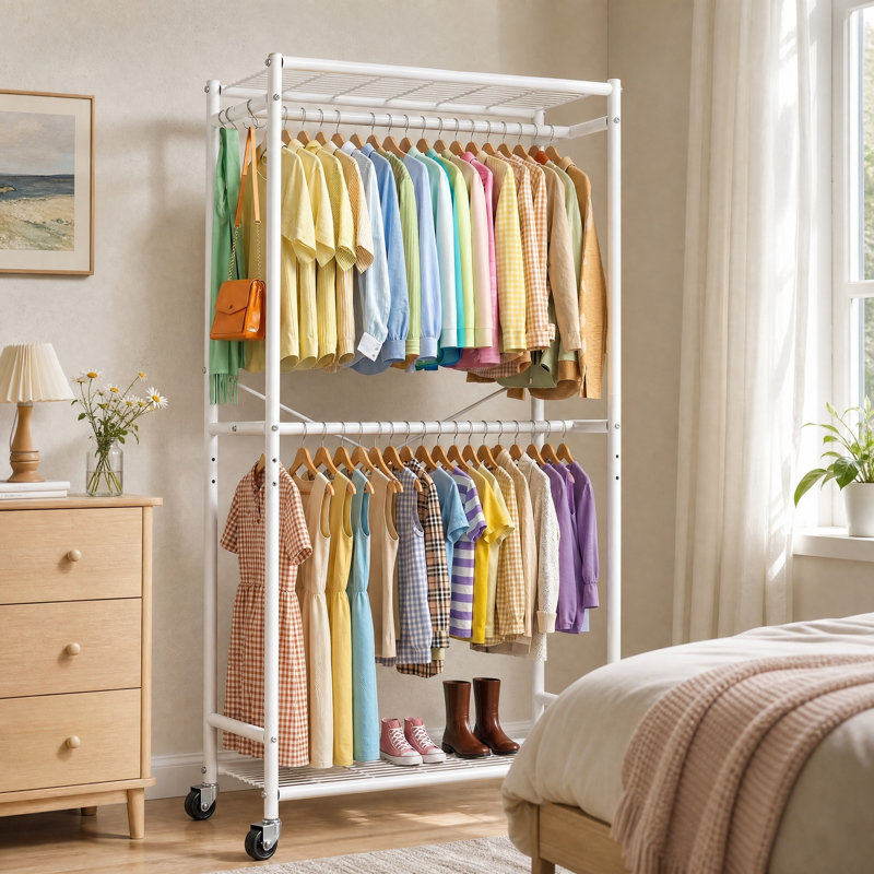 204 cm Clothes Rail with Adjustable Shelves and Castors, White