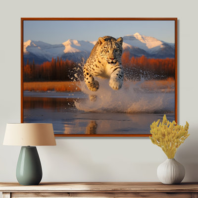 Cougar qui court dans la rivière de montagne - reproduction d'art léopard / guépard