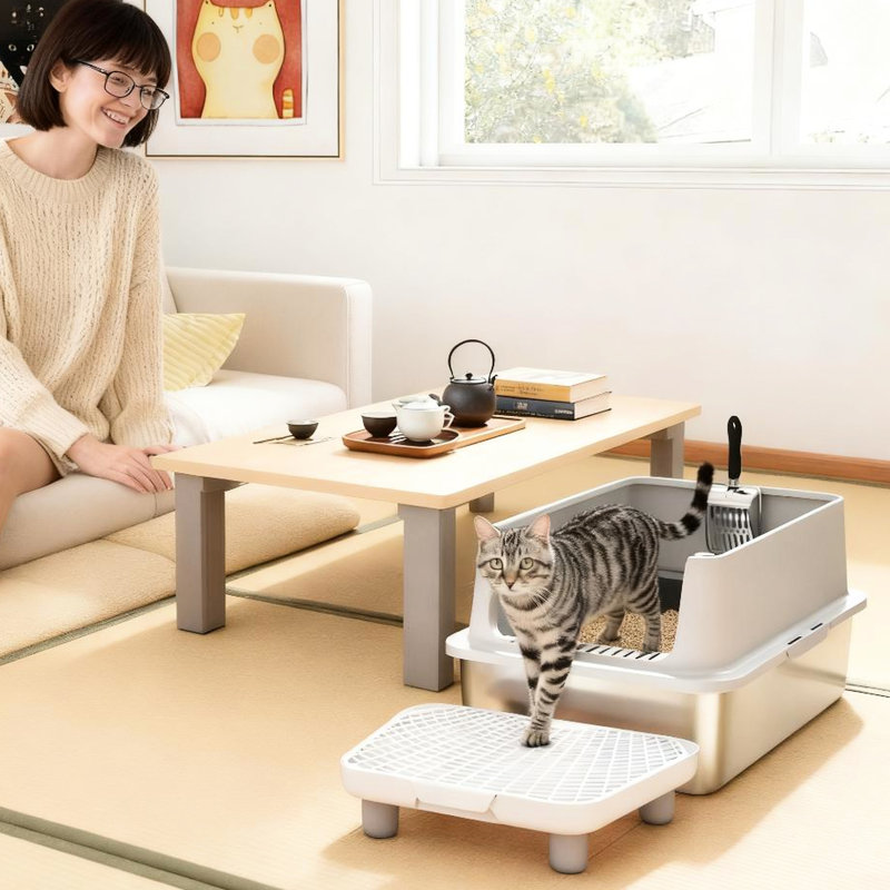 Grand bac à litière pour chat, acier inoxydable, plusieurs propriétaires, conception réductrice de désordre, filtre, argenté