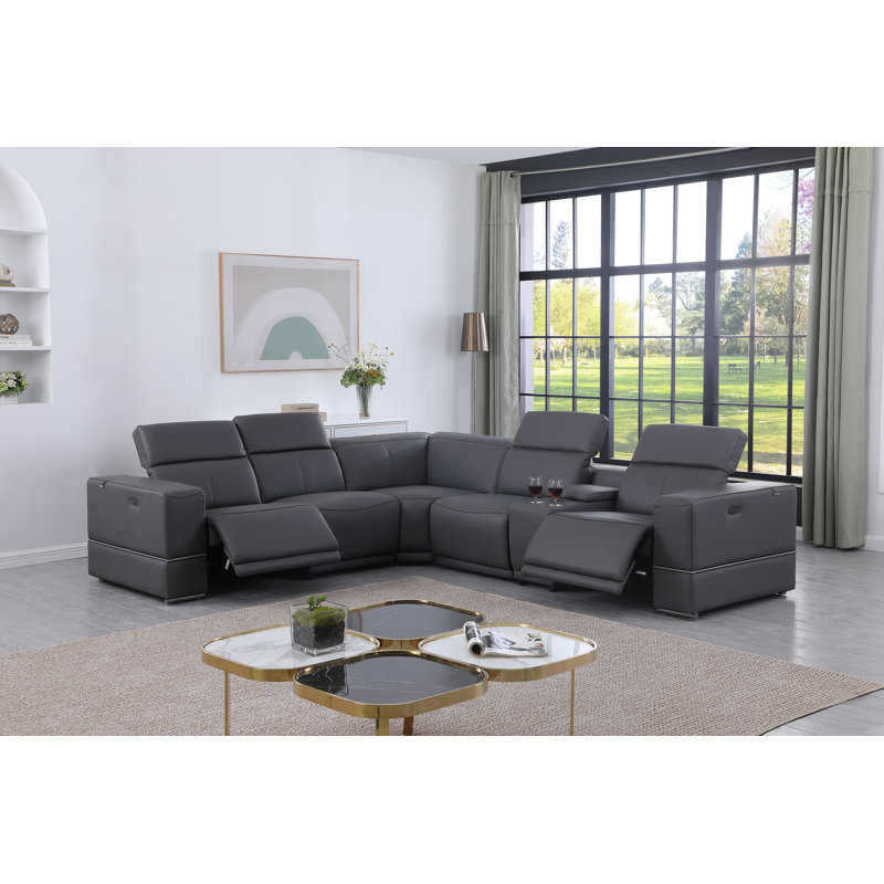 Marco Collection Sectional Genuine Leather Reclining , Dark Gray Genuine Leather
