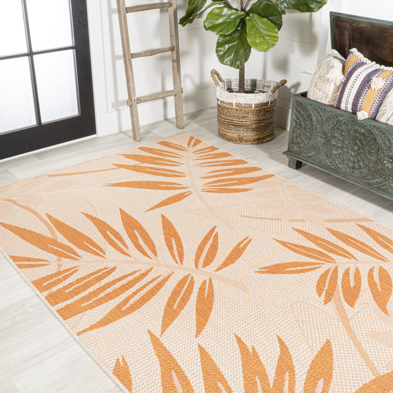 Hallas Tropical Palm Leaf Cream/Orange Indoor/Outdoor Rug, Rectangle 2'11" x 5'