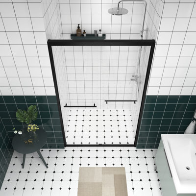 Double Sliding Bathroom Shower Door With Chamfer - Edged Tempered Glass, Stainless Steel Handle, Water Sealing Function Blocking Design