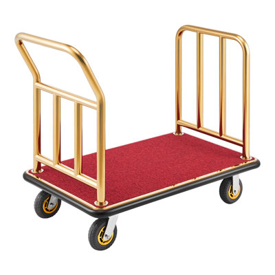 Hotel Luggage Cart, 750 lbs Heavy Duty Bellman Cart with Stainless Steel Frame, 6 in Rubber Wheels, Red Carpeted Deck, Commercial Luggage Carrier Rolling Trolley for Hotels, Resorts, Gold