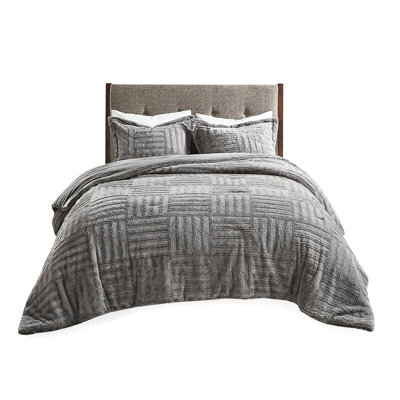 Grey Faux Fur Comforter Mini For King/ King With Checkerboard Decoration And Easy Wash Warm Comfortable Texture
