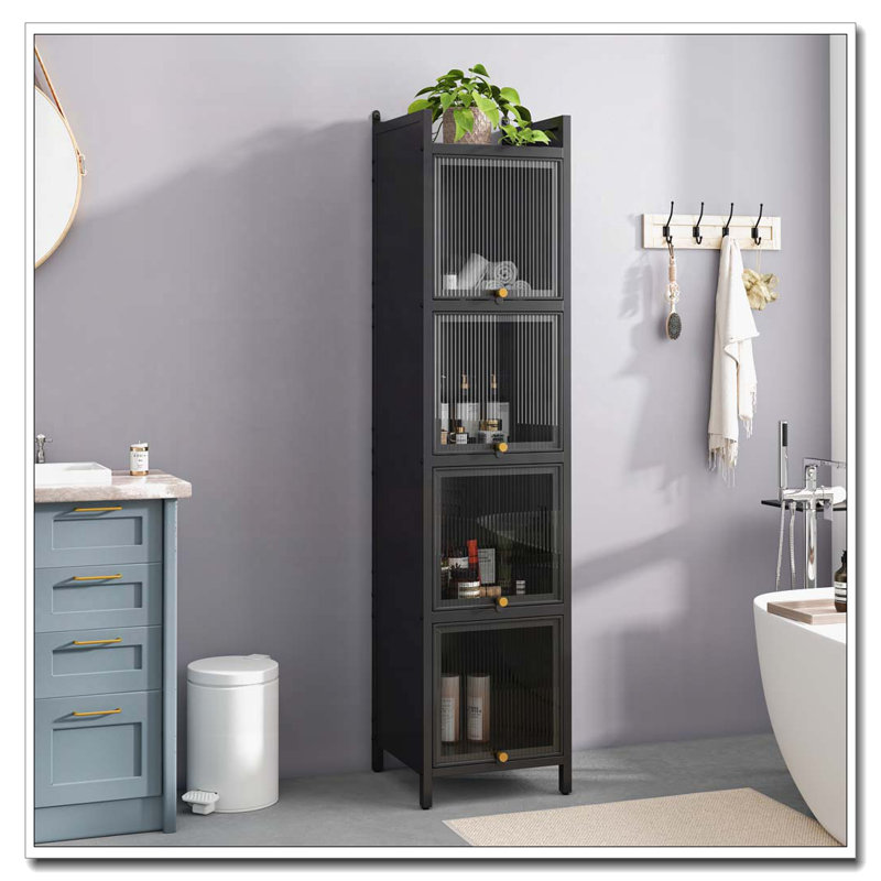 Armoire de rangement à 4 niveaux avec porte en verre, Noir