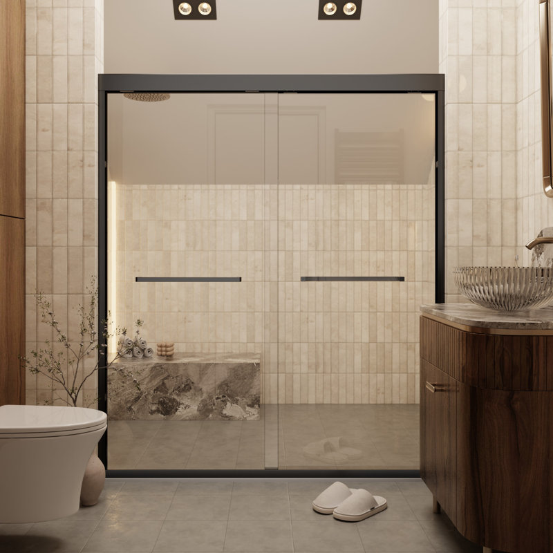Semi-Frameless Double Sliding Shower Door, 1/4" SGCC Tempered Glass with Quiet Dual Rollers, Matte Black, 60" W x 70" H