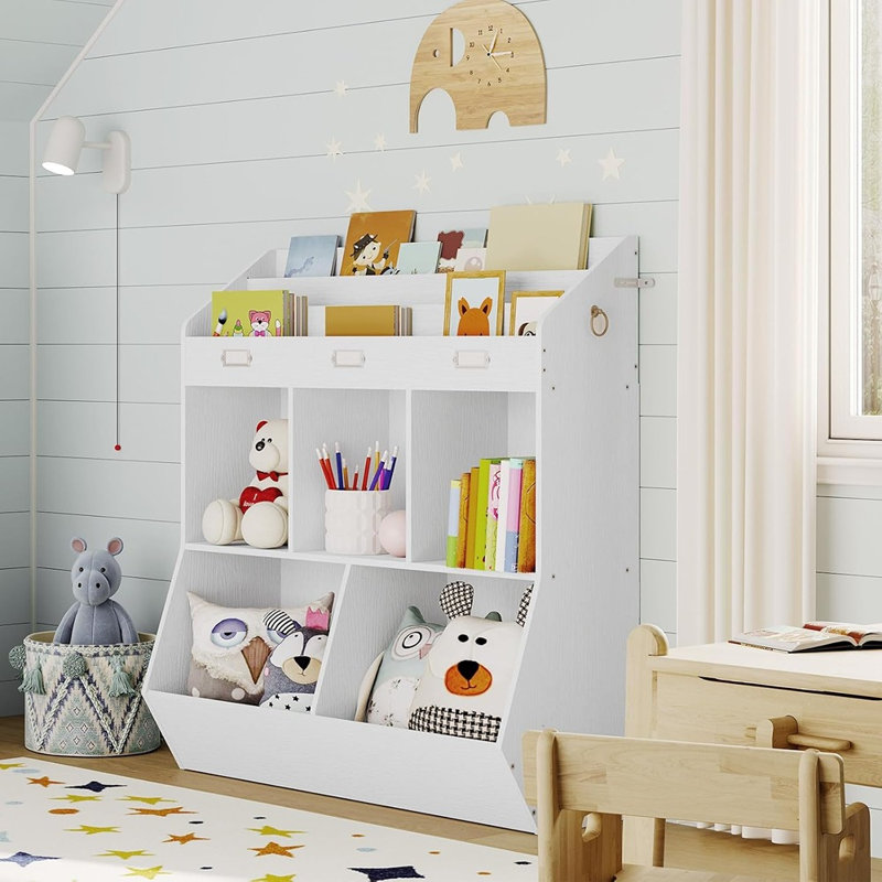 Organisateur de jouets et rangement, bibliothèque à 5 compartiments avec tablettes à 3 couches et pied de lit, pour salle de jeux, salle de jeux, chambre de bébé ou école - blanc