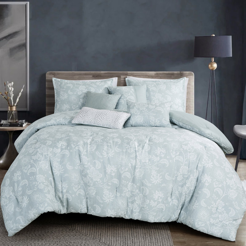 Emest Luxury 7 Piece Comforter Set, Blue/White Floral, King Comforter + 2 King Shams