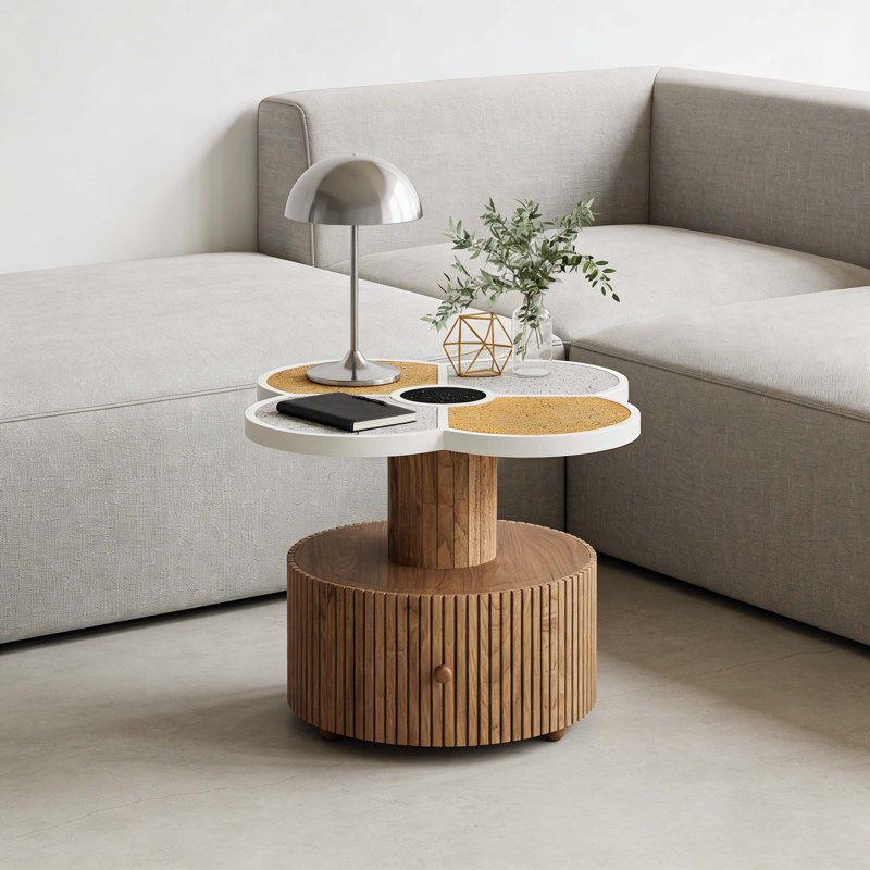 Table d'appoint unique à trèfle à quatre feuilles pour le salon, la chambre à coucher et les petits espaces - Table d'appoint avec base en grain de bois avec fonction de rangement