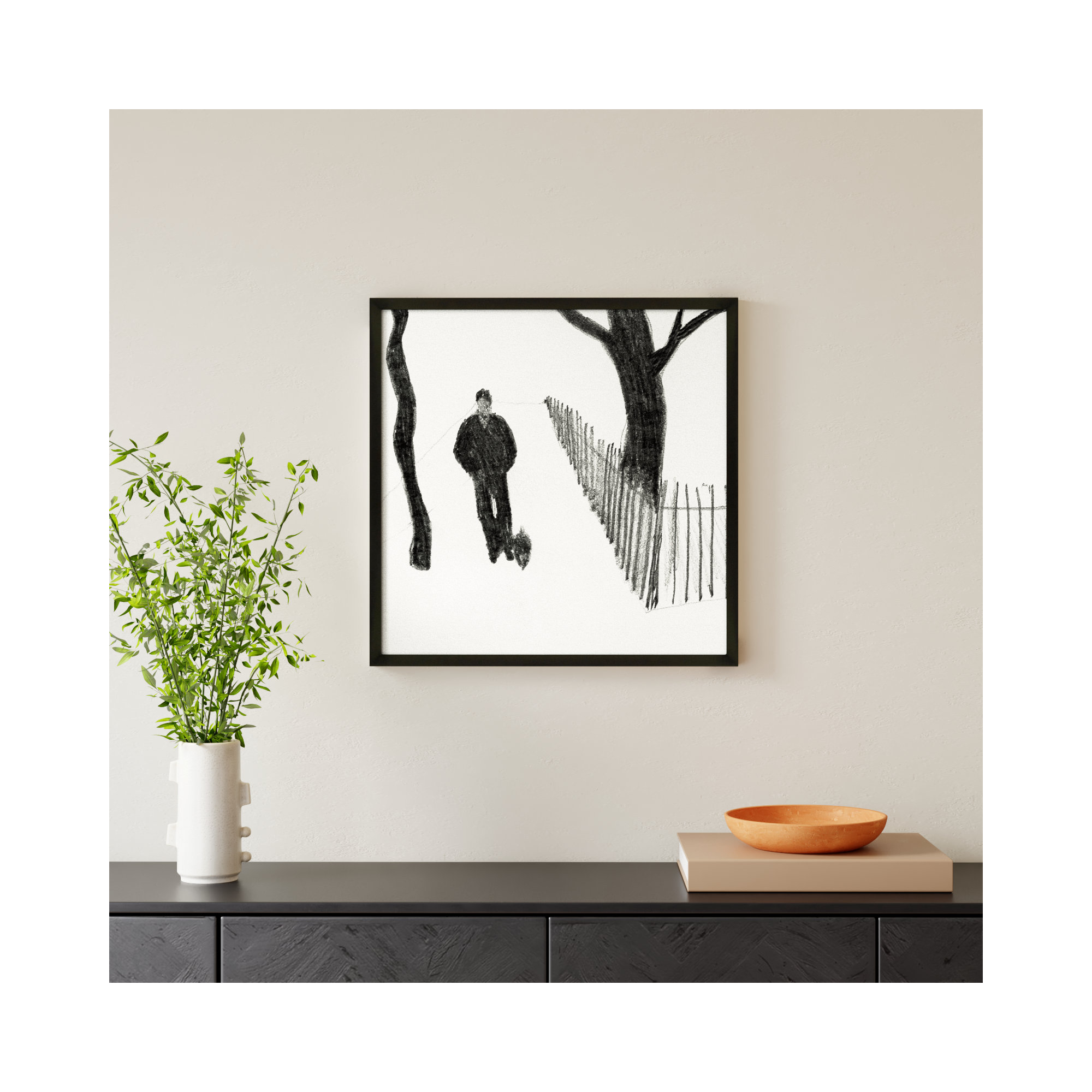 Walking The Dog by Simon Schneiderman, Black, 24" H x 24" W x 1.25" D