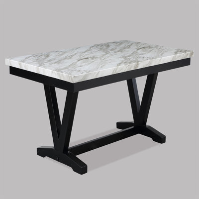 Table de salle à manger moderne moderne en faux marbre et noir avec table en V et tréteaux