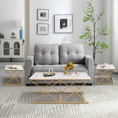 Nesting Coffee Table Set of 3, Faux Marble Top with Golden Frame