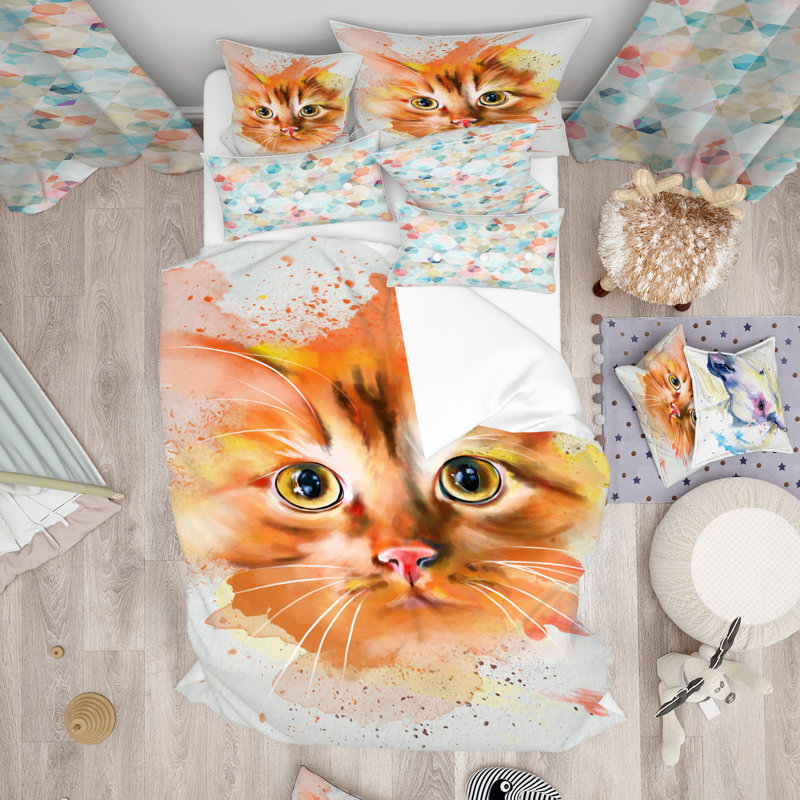Ensemble de housse de couette pour chat aquarelle designart jolie, Housse simple + 1 taie décorative