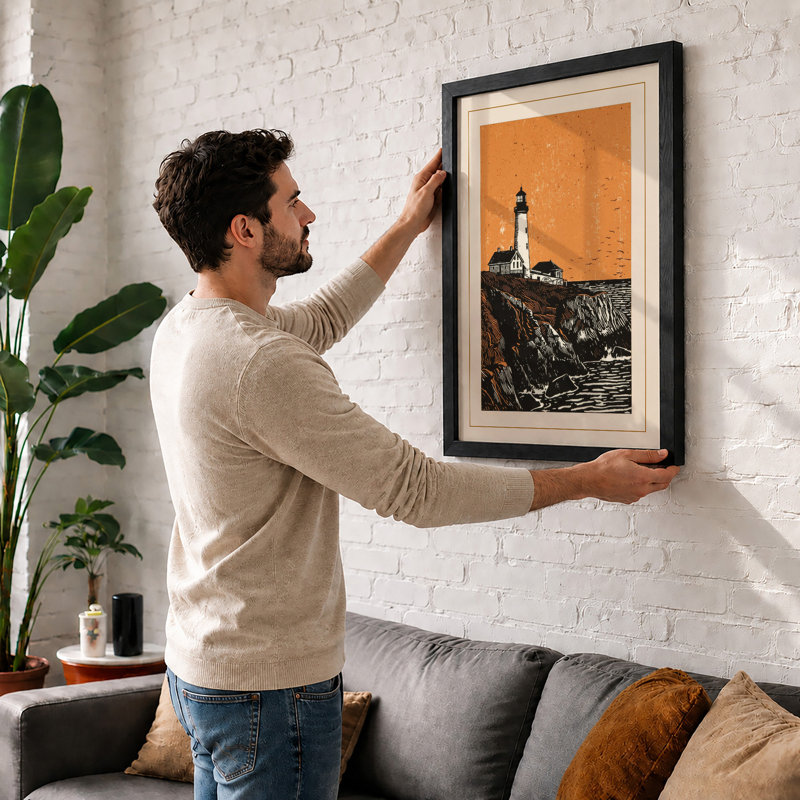 Lighthouse on Stone Coastal - Framed Print, Walnut, A4 - 29.7 x 21.0 cm