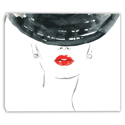«Minimalist Fashion Woman» avec des lèvres rouges et un chapeau, reproduction d'art sur toile tendue