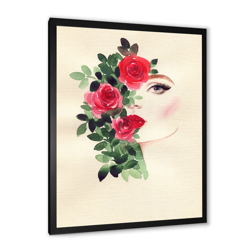 «Green Floral Glam Woman Portrait», reproduction d'art sur toile Glam, Cadre photo noir, H 20 po x l 12 po x P 1 po
