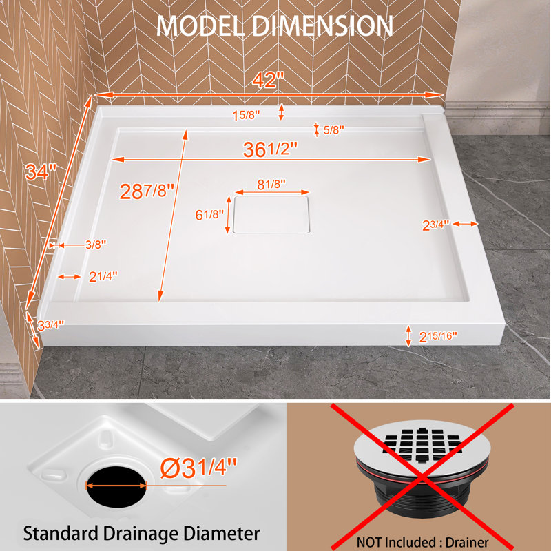 42 po x 34 po Base de douche en acrylique à double seuil avec drain carré caché au centre en blanc