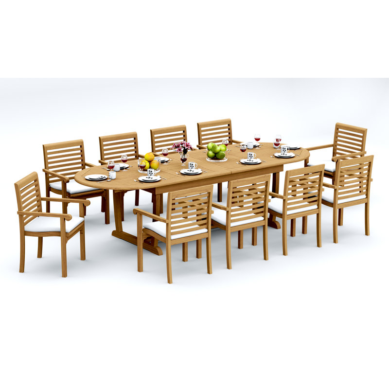 13 Pcs Grade-A Teak Wood Dining Set: 118" Double Extension Mas Oval Trestle Leg Table And 12 Hari Stacking Arm Chairs #11HR2712