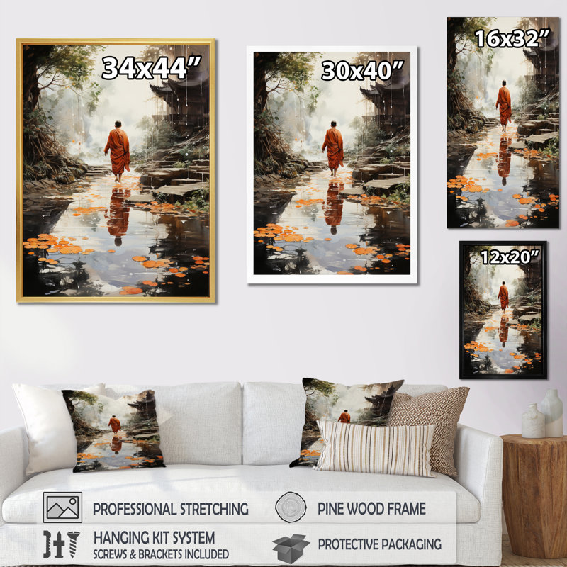 Art bouddhiste orange, empreintes de bouddhas I - décoration murale bouddhiste, L 12 po x H 20 po, Cadre flottant blanc