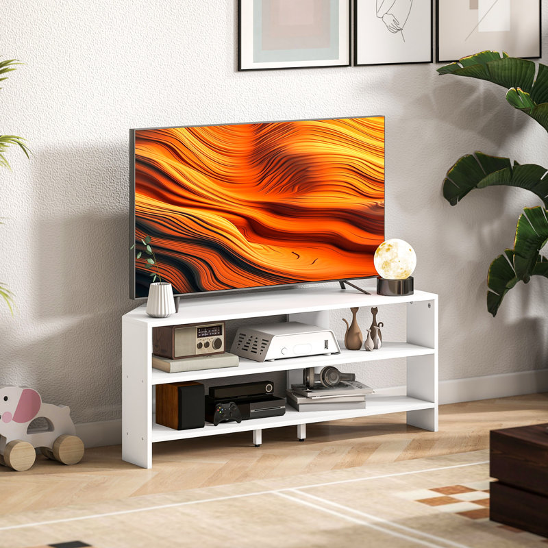 Meuble télé d'angle pour téléviseur 47 po, console de télévision avec 2 tablettes ouvertes, blanc
