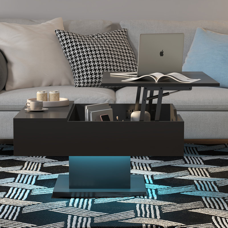 Lift Top Coffee Table with Storage - Wooden Square Design for Living Room, 16 Colors RGB LED Lighting System, Black