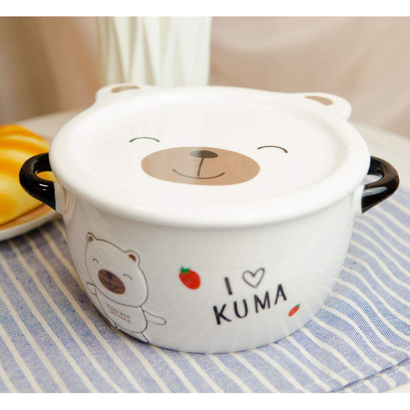 Ensemble de 2 bols en grès porcelaine nouilles, soupe de riz et dessert 25 onces avec couvercle en forme d'ours Kuma et poignées latérales pour enfants