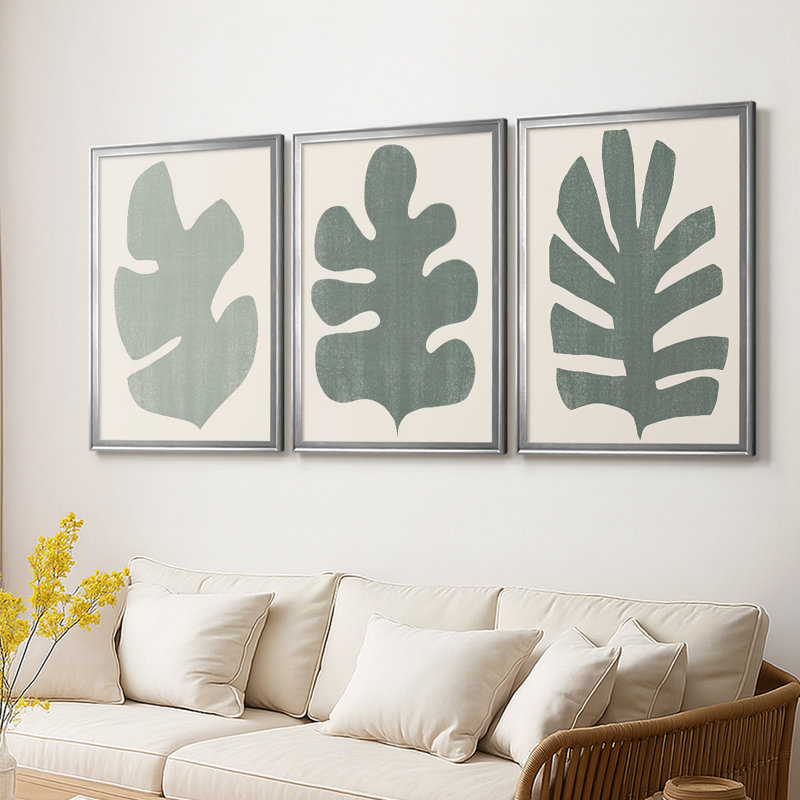 Palm Morph I - Toile tendue avec châssis sur mesure - 3 pièces, Argent argent, H 30 po x l 63 po