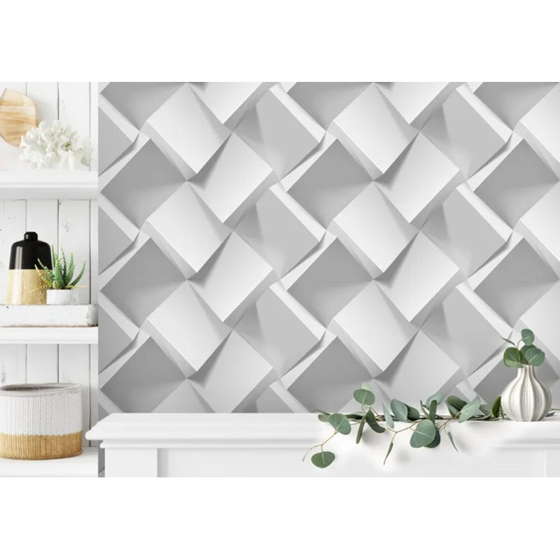 3D Folded Square Panel Wallpaper – Minimalist White Origami Block Repeat Pattern, 108" L x 192" W