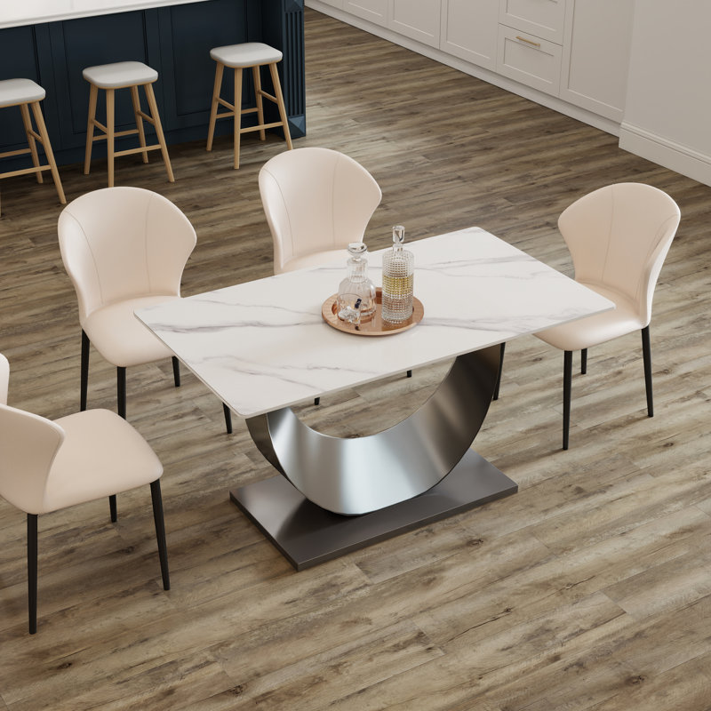 Sintered Stone Top Metal Base Dining Table, White, Gray, 29.53" H x 55.1" L x 31.5" W