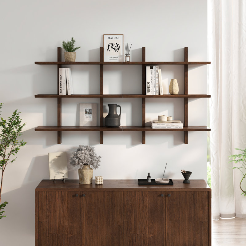 Shouji 3-Tiered Solid Wood Floating Shelves with Reversible Bevel Edge, Hidden Hardwares, 15-min Quick Assembly - Set of 2