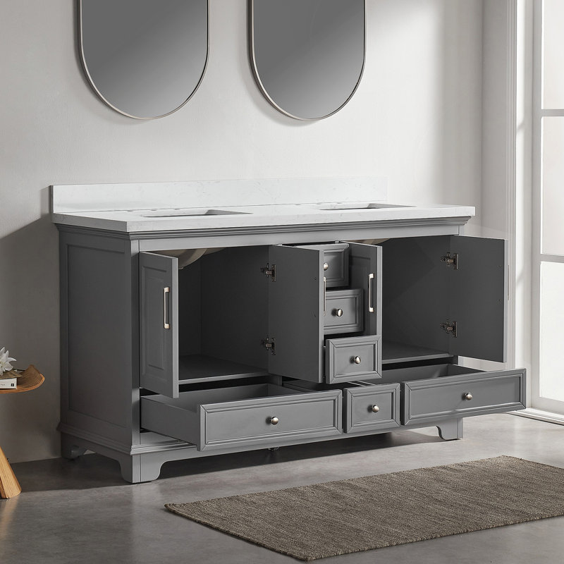 Meuble-lavabo double autoportant de 60 po avec pierre artificielle entièrement assemblé, Grey