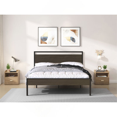 Metal Bed, Black With Walnut Wood Headboard&Footboard