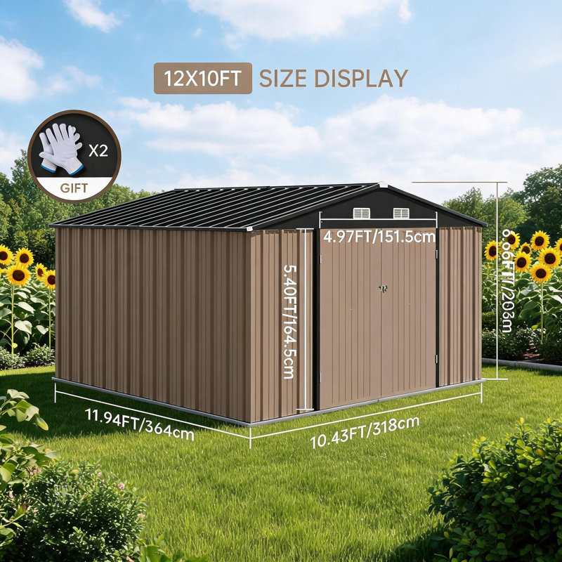 Remise de rangement extérieure 12 x 10 pi, remise à outils en acier galvanisé avec structure de cadre actualisée et double porte verrouillable, remise de jardin imperméable en pente pour patio, couleur brune.