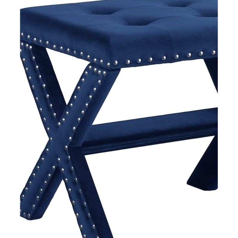 Banc en velours bleu avec siège et garniture cloutée, structure en bois franc d'ingénierie, pour ornementation des espaces de vie principaux, siège à garniture contemporaine, espaces rembourrés en mousse haute densité