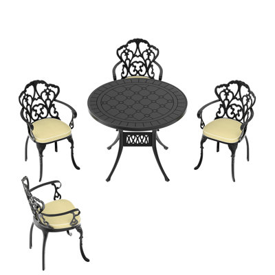 5 meubles de patio, fonte d'aluminium avec coussins de couleur aléatoire, table ronde, 4 sièges - coussin de rembourrage antirouille