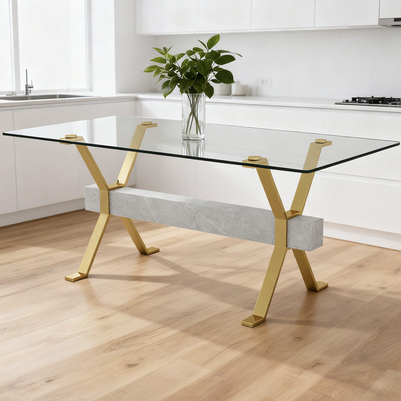 71" Tempered Glass & Metal Rectangular Dining Table, Gold/Gray