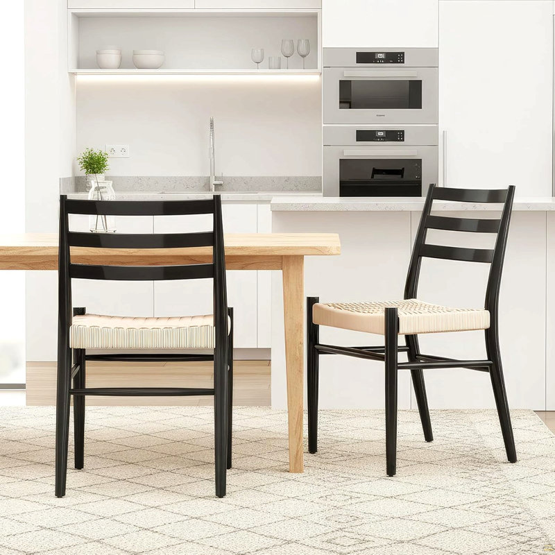 Ensemble de 2 chaises de salle à manger, assise en corde tissée avec structure en métal robuste, Beige/noir