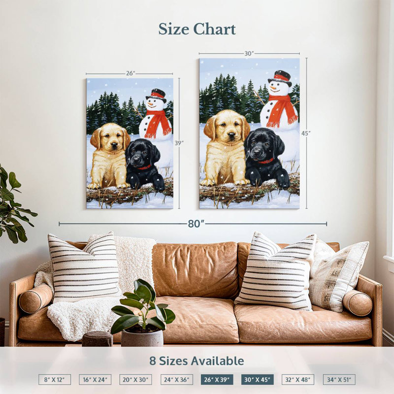 Brampt Lab Puppies With Snowman, 39" H x 26" W