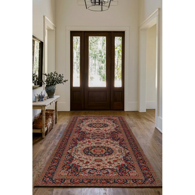 Tapis rouge / brun en chenille de coton à imprimé oriental Guria, Tapis de couloir 4 pi x 10 pi 6 po