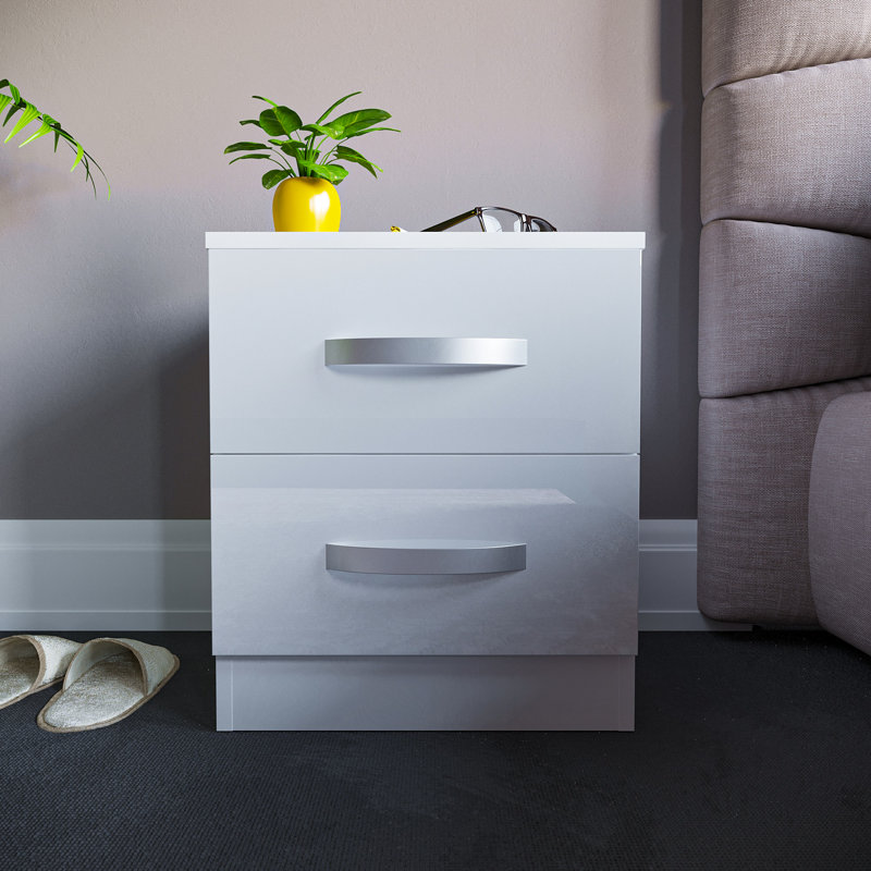 Arkadij 2 Drawer Beside Table With Metal Runners, Modern Bedroom Storage Cabinet, White