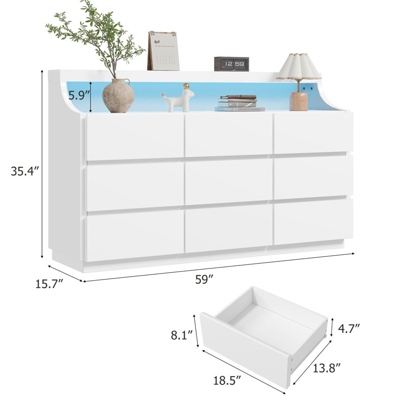 Commode 9 tiroirs 59 po pour rangement de garde-robe de chambre à coucher avec lumières DEL