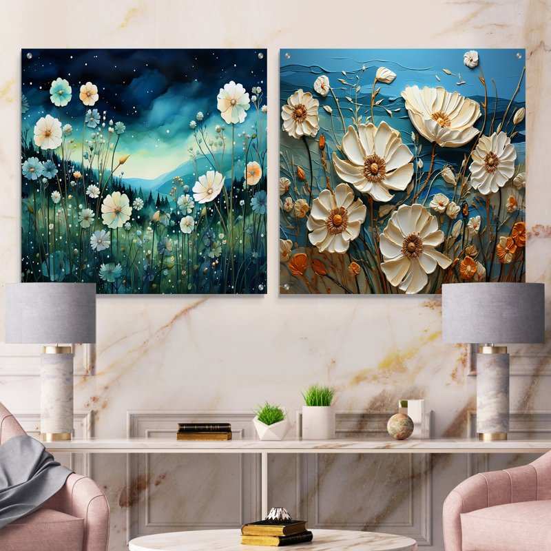 «Misty Flower Meadows IV», ensemble de 2 peintures murales en acrylique, H 16 po x l 33 po