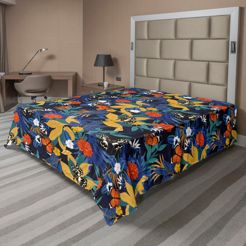 Ambesonne Flowers Flat Sheet Nostalgia Farmhouse, Indigo and Multicolor