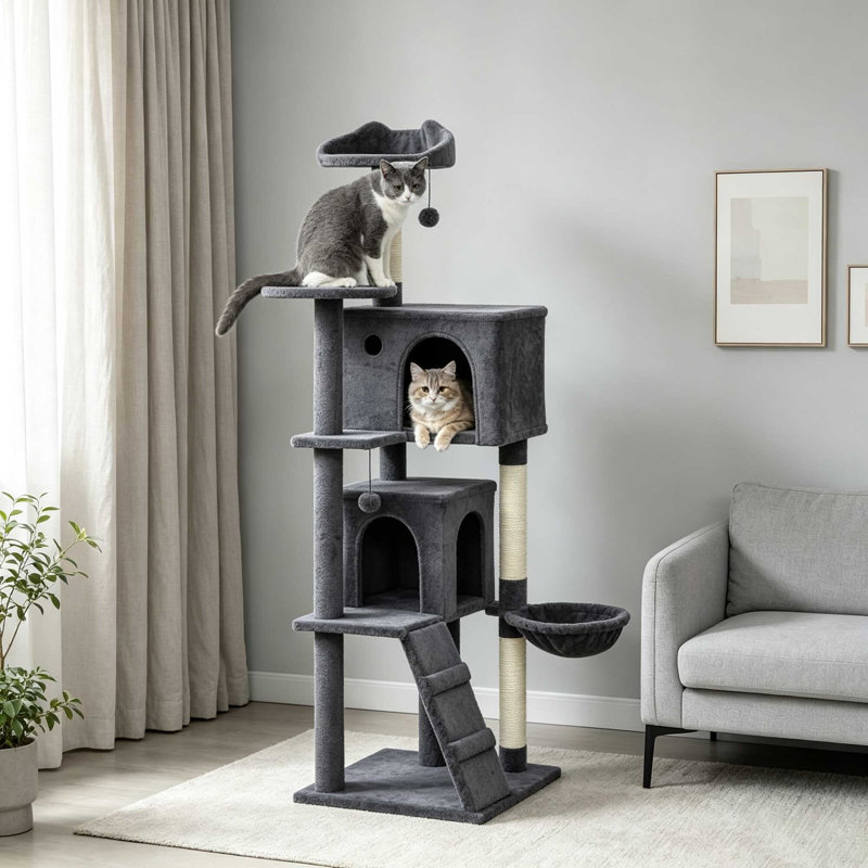 160cm Large Multi‑Level Cat Tree Tower with Condos, Hammock & Sisal Scratching Posts, Dark Grey