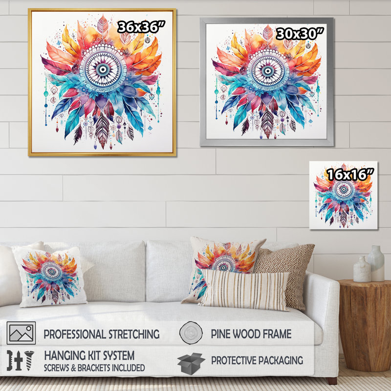 «Orange and Blue Boho Dreamcatcher Watercolor I», reproduction sur toile, Cadre flottant blanc, H 24 po x l 24 po x P 1 po