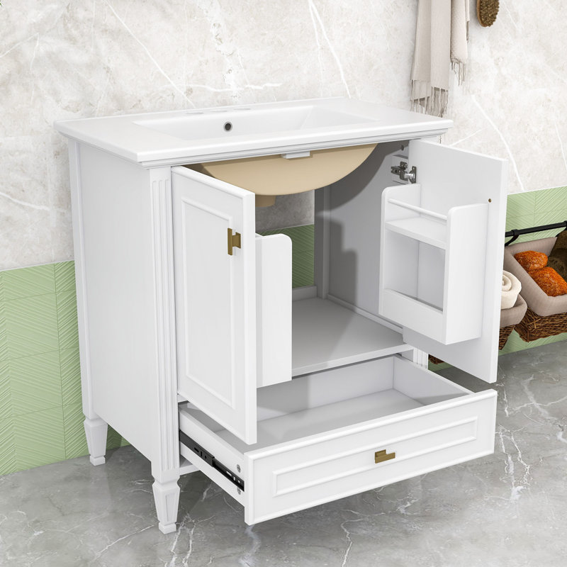 Meuble-lavabo autoportant avec lavabo en céramique, tiroir et 2 portes à fermeture en douceur, White