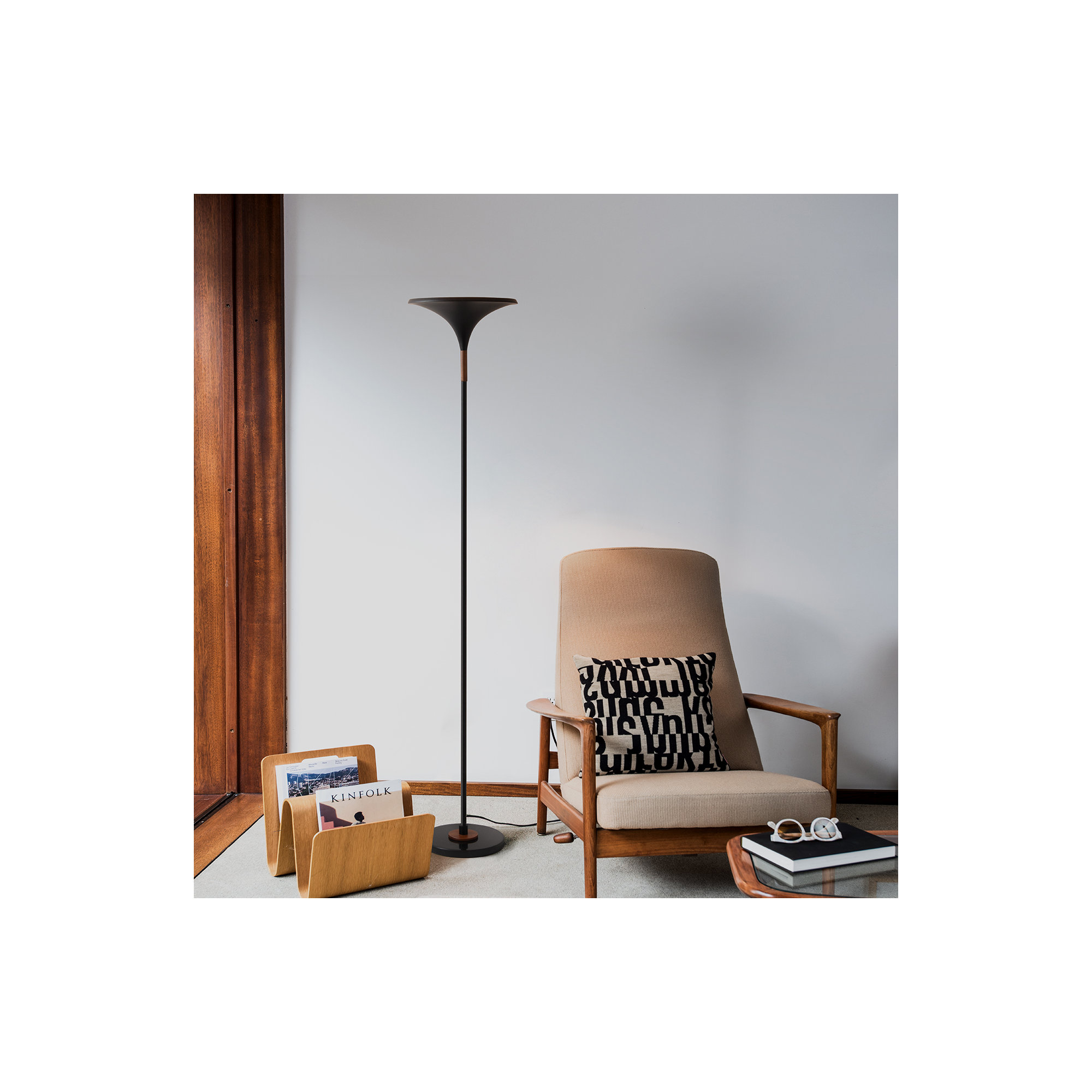 Lodi Torchiere Floor Lamp - Matte Black, Hammered Gold Leaf Shade, Walnut, Marble Base, Foot Dimmer