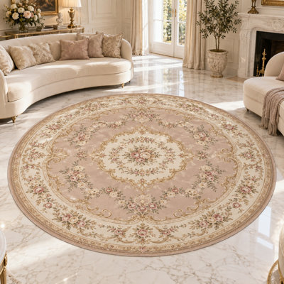 Tapis rond « Ultra Fin » 183 x 183 cm à motif floral rococo, idéal pour le salon, la chambre à coucher et le bureau à domicile. Tapis d'intérieur doux à poils courts avec envers antidérapant en silicone.