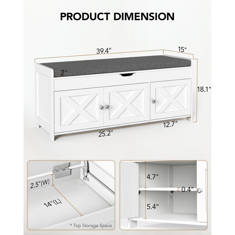 Banc de rangement pour chaussures 39,5 "avec rangement relevable et coussin amovible, banc à chaussures avec portes de grange et tablette réglable pour le vestibule, la chambre à coucher